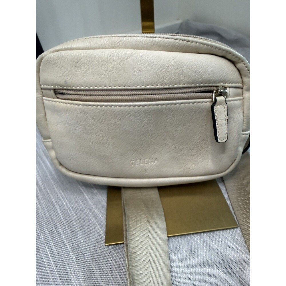 Telena Beige Faux Leather Crossbody, Fanny Pack 8"x 5.5"x 2" Front & Back Zip